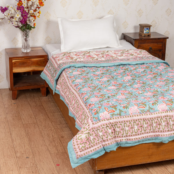 Cotton Single Bed Razai Jaipuri Quilt Teal Green Pink Floral Print (6820997791843)