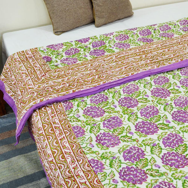Cotton Mulmul Single Bed Jaipuri Razai Purple Green Floral Block Print (4778121920611)