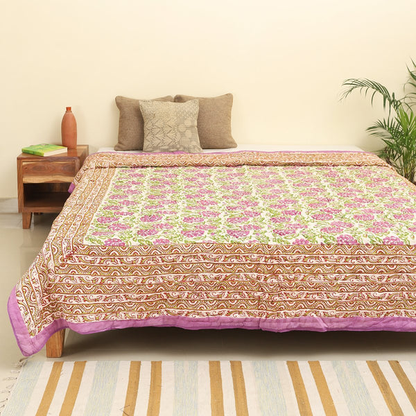 Cotton Mulmul Single Bed Jaipuri Razai Purple Green Floral Block Print 1 (4778121920611)