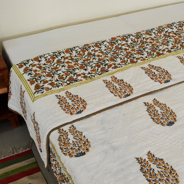 Cotton Mulmul Single Bed Jaipuri Razai Quilt Orange Grey Floral Jaal Block Print (4778122018915)