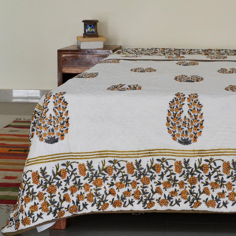 Cotton Mulmul Single Bed Jaipuri Razai Quilt Orange Grey Floral Jaal Block Print 1 (4778122018915)