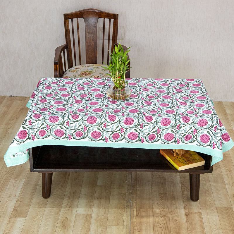 Fine Cotton Table Cover White Pink Floral Jaal Block Print 2 (6693486428259)