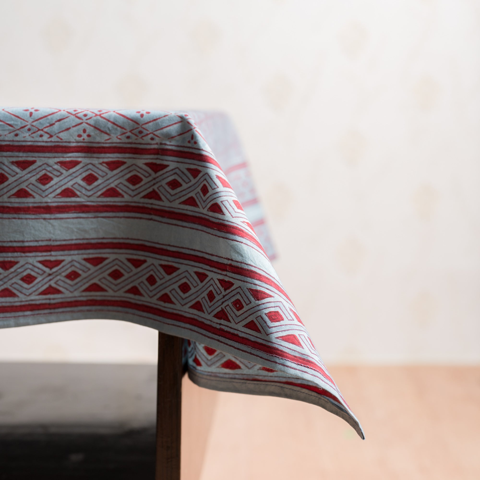 Cotton Table Cover Earthy Grey Red Geometric Block Print 1 (6744318935139)