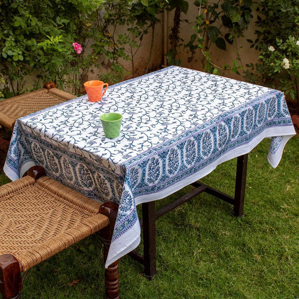 Cotton Table Cover Blue White Floral Jaal Block Print (6550098935907)