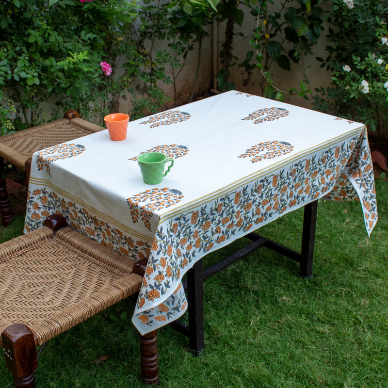 Cotton Table Cover Orange Grey Floral Boota Block Print 3 (6692996710499)