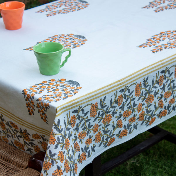 Cotton Table Cover Orange Grey Floral Boota Block Print (6692996710499)