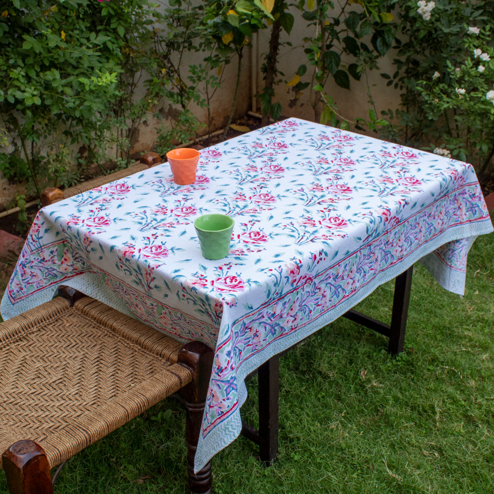 Cotton Table Cover Light Green Pink Rose Boota Block Print 3 (6550099099747)