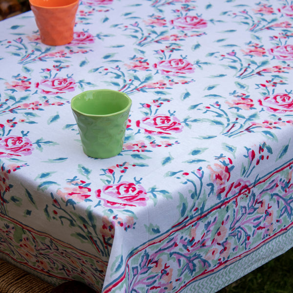 Cotton Table Cover Light Green Pink Rose Boota Block Print (6550099099747)