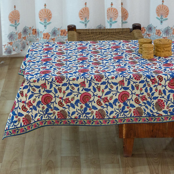 Cotton Table Cover Pink Blue Floral Jaal Print (6691624714339)