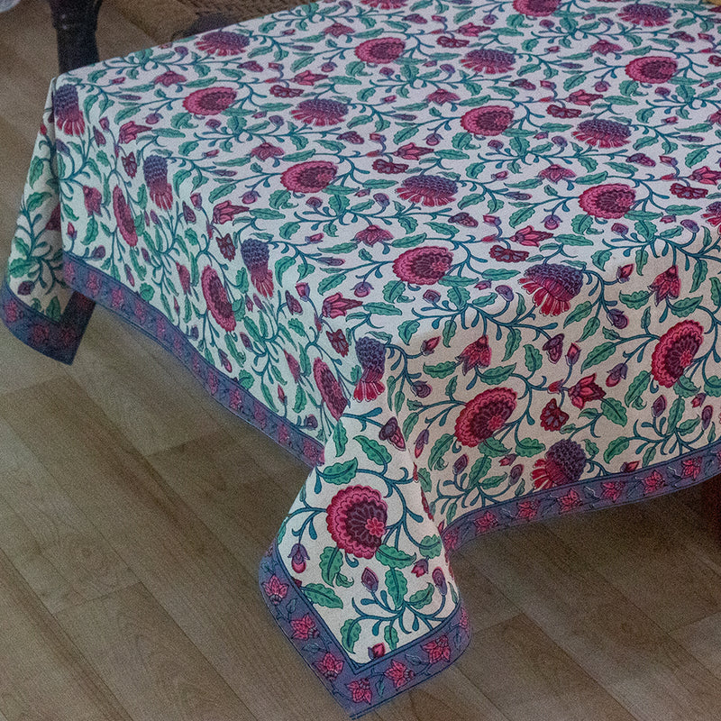 Cotton Table Cover Pink Green Floral Jaal Print (6691624779875)