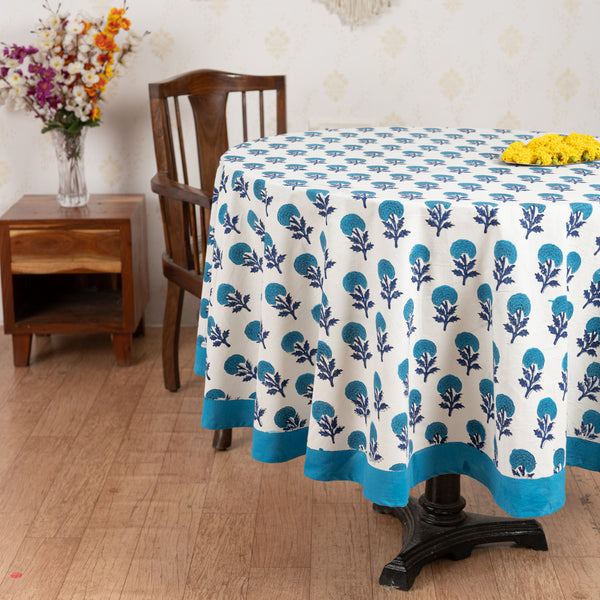 Cotton Round Table Cover Blue Booti Block Print (6831746154595)