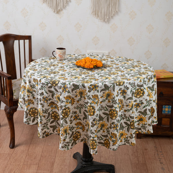 Cotton Round Table Cover Yellow Green Floral Jaal Block Print (6796041093219)