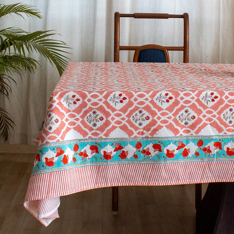 Cotton Table Cover Peach Mughal Jaali Block Print (6692996808803)