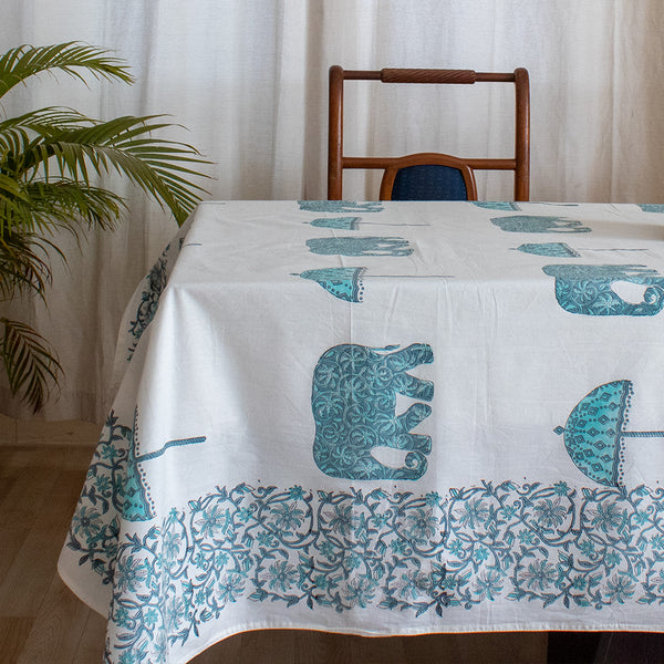 Cotton Table Cover Turquoise Elephant Block Print (6691624616035)