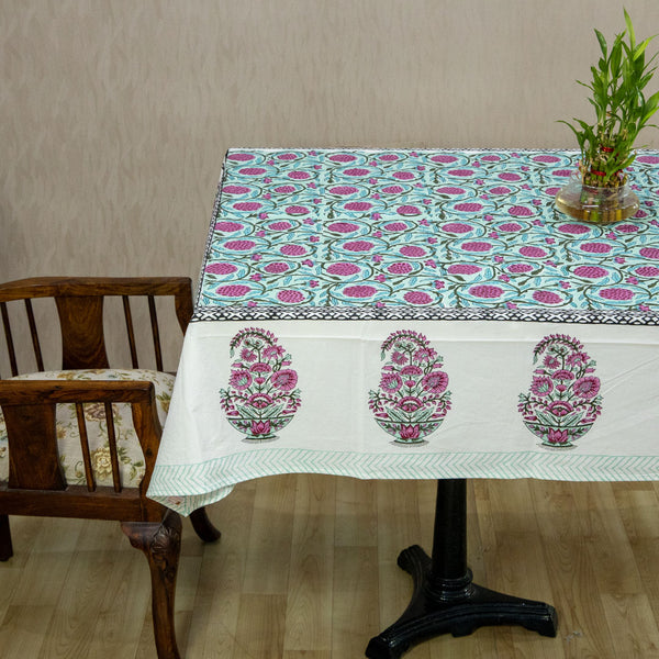 Fine Cotton Table Cover Pink Green Floral Jaal Block Print (6693486395491)