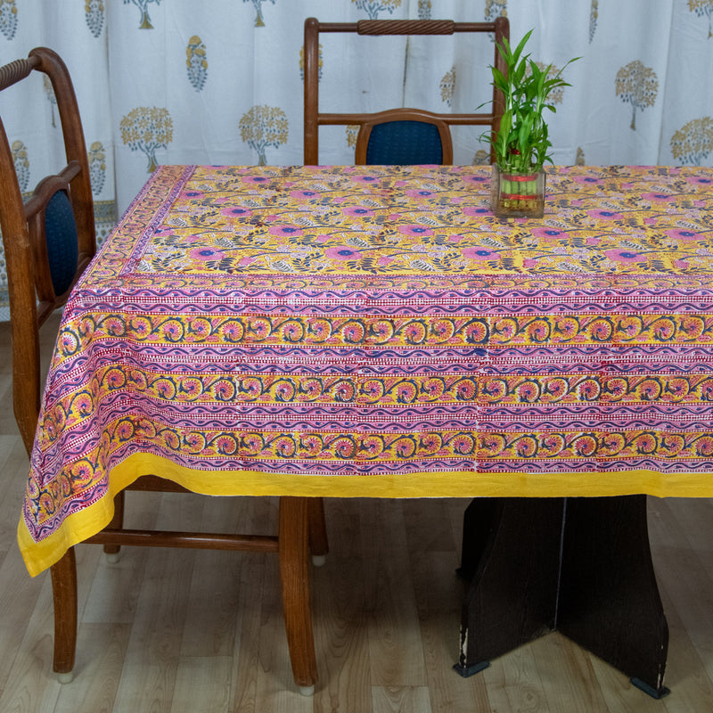 Cotton Table Cover Yellow Pink Foral Block Print 1 (6689292124259)