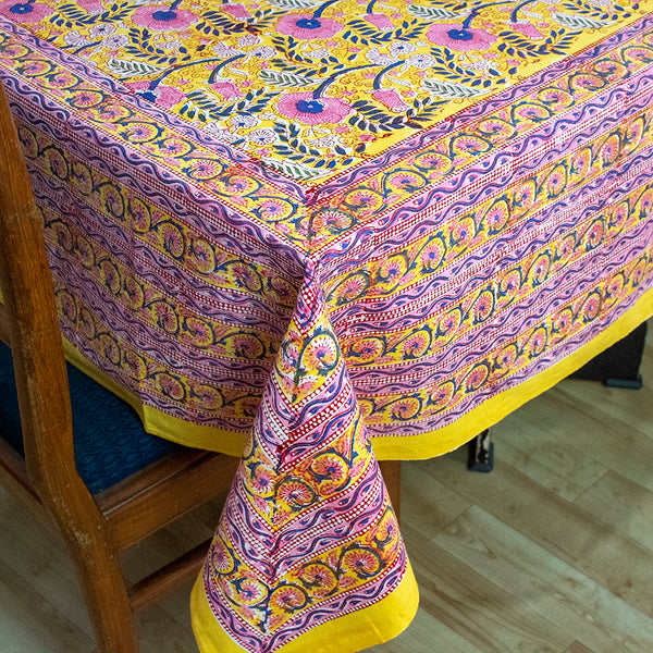 Cotton Table Cover Yellow Pink Foral Block Print (6689292124259)