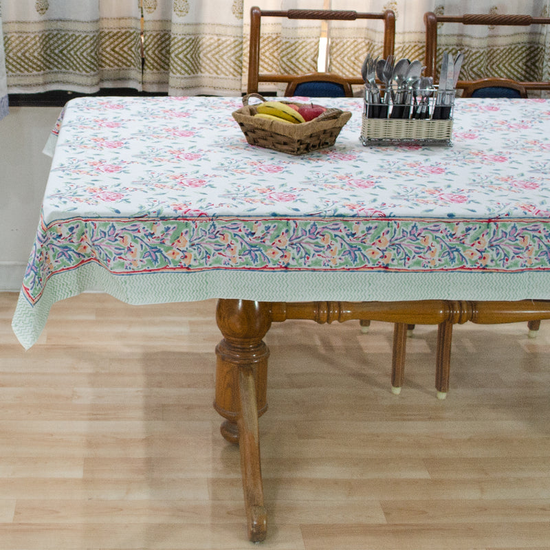 Cotton Table Cover Light Green Pink Rose Boota Block Print 1 (6550099099747)
