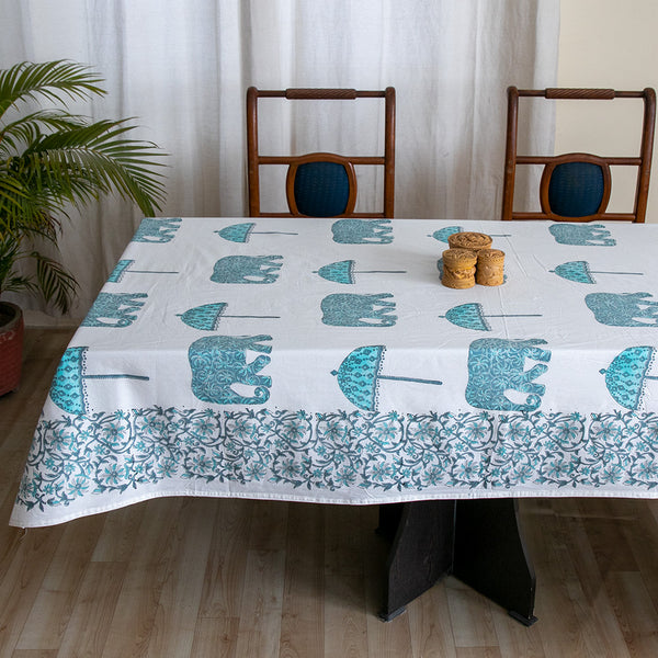 Cotton Table Cover Turquoise Elephant Block Print 2 (6691624616035)
