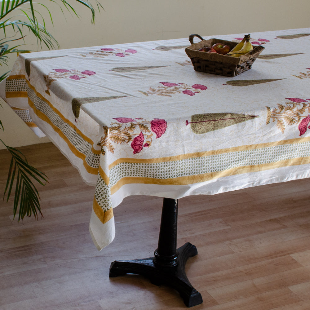 Cotton Table Cover Pink Brown Floral Boota Block Print (6689292222563)