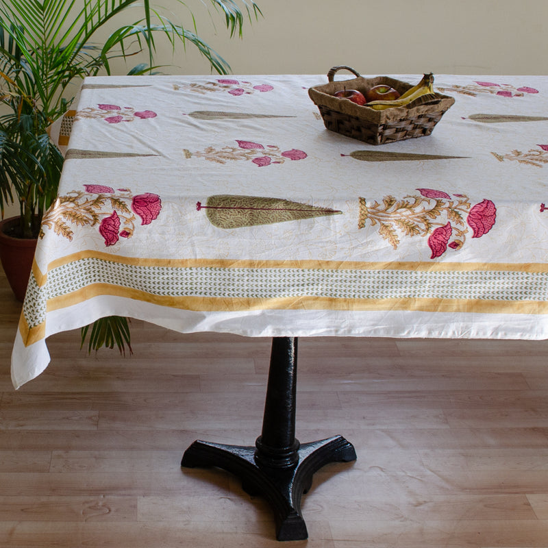 Cotton Table Cover Pink Brown Floral Boota Block Print 1 (6689292222563)