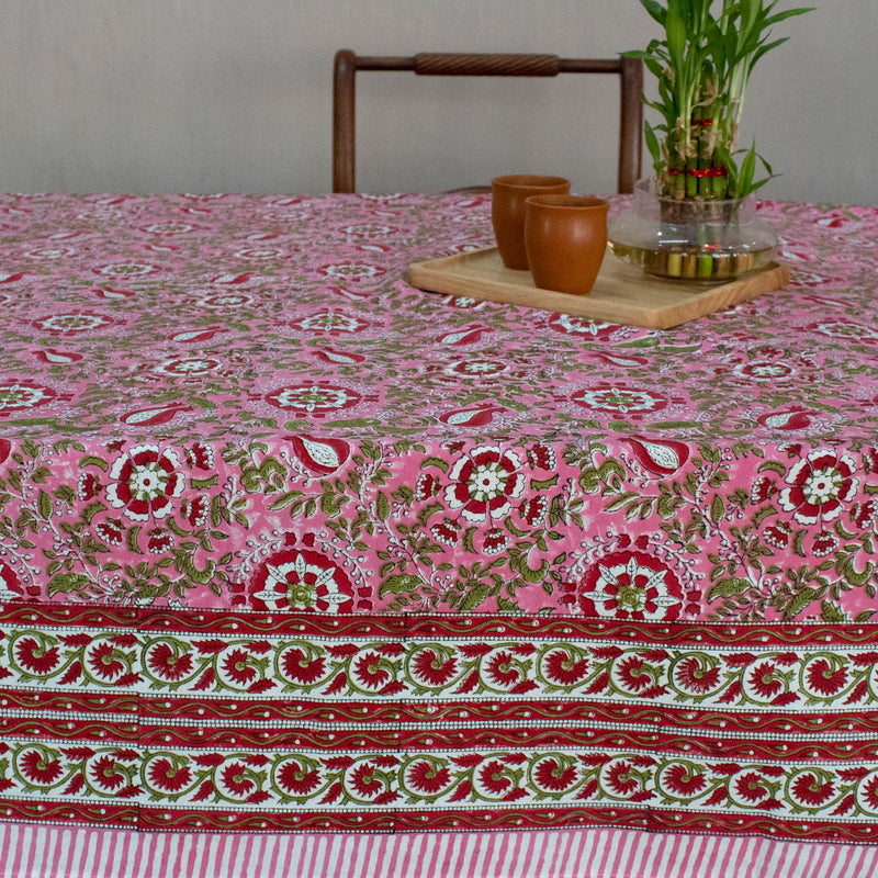 Cotton Table Cover Pink Red Anar Jaal Block Print (6689274167395)