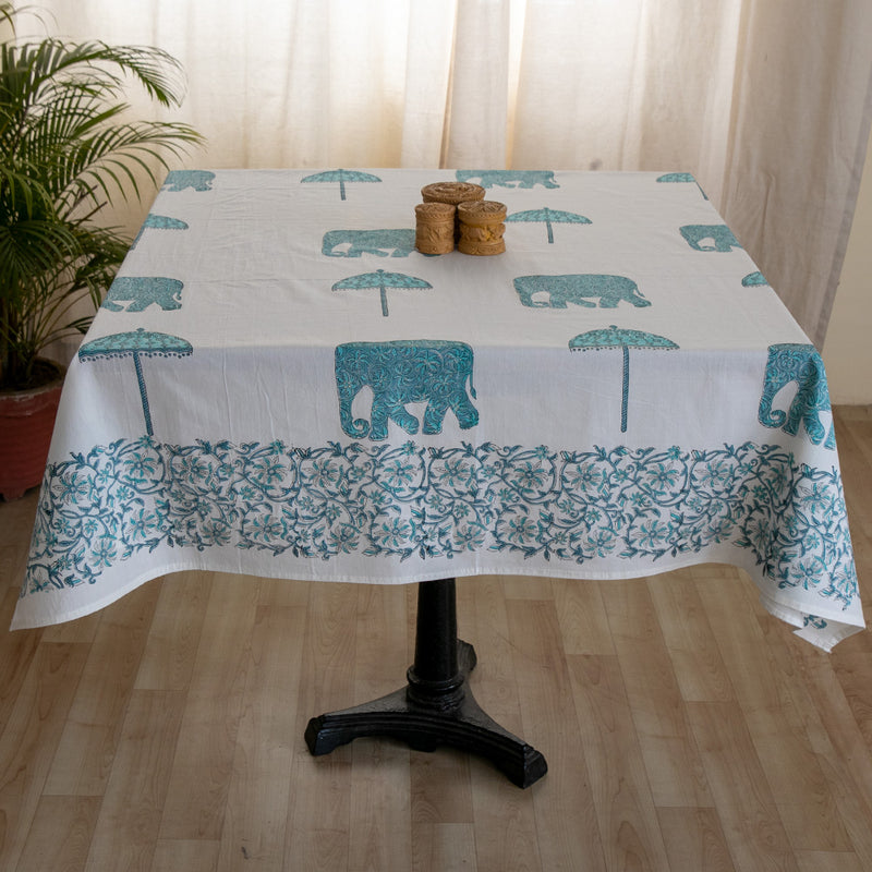 Cotton Table Cover Turquoise Elephant Block Print 1 (6691624616035)