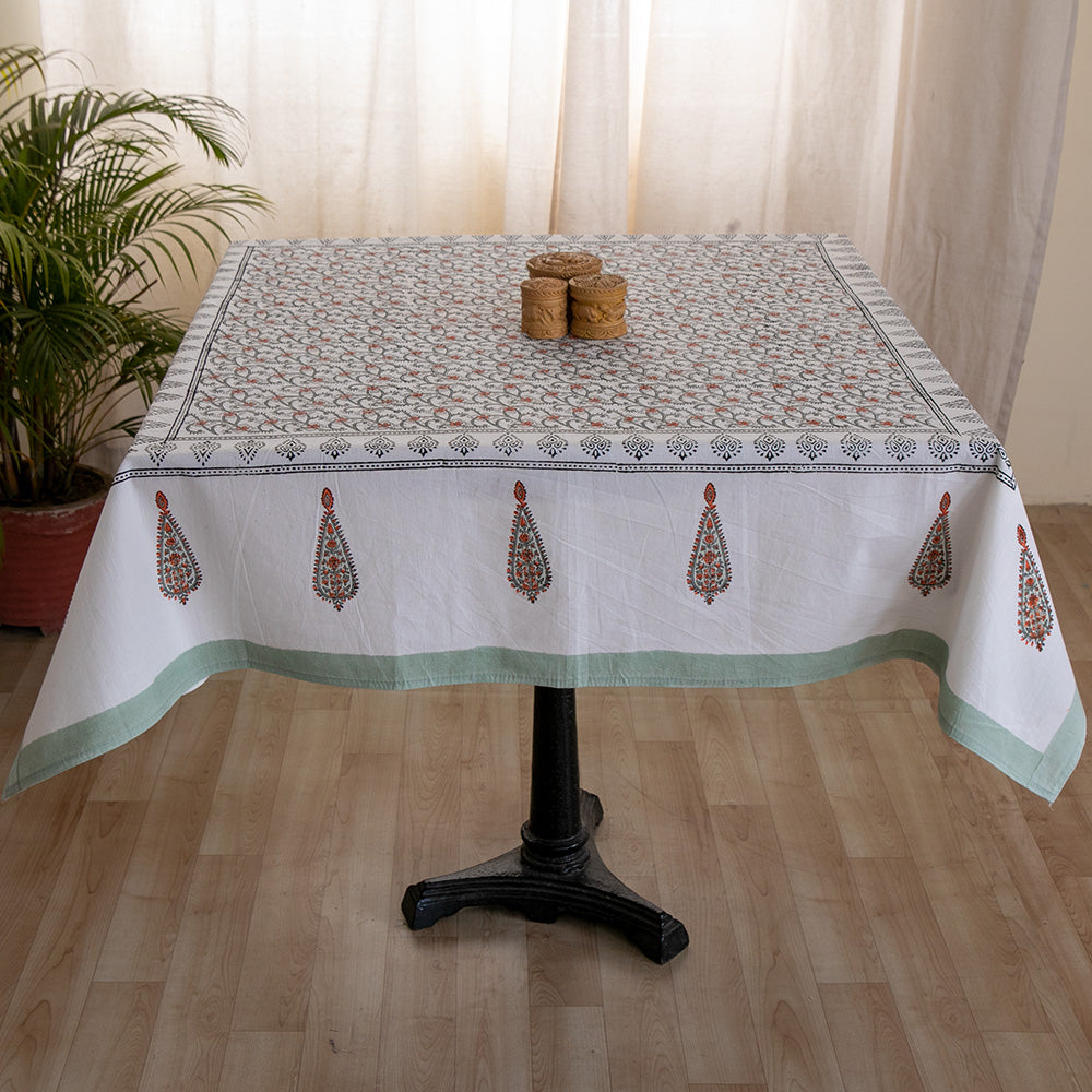 Cotton Table Cover Grey Orange Floral Jaal Block Print (6691624976483)
