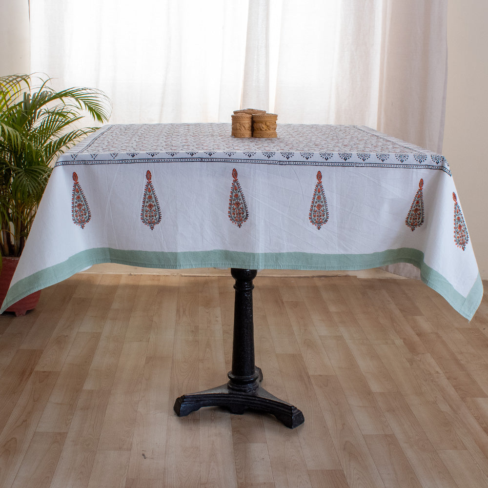 Cotton Table Cover Grey Orange Floral Jaal Block Print (6691624976483)