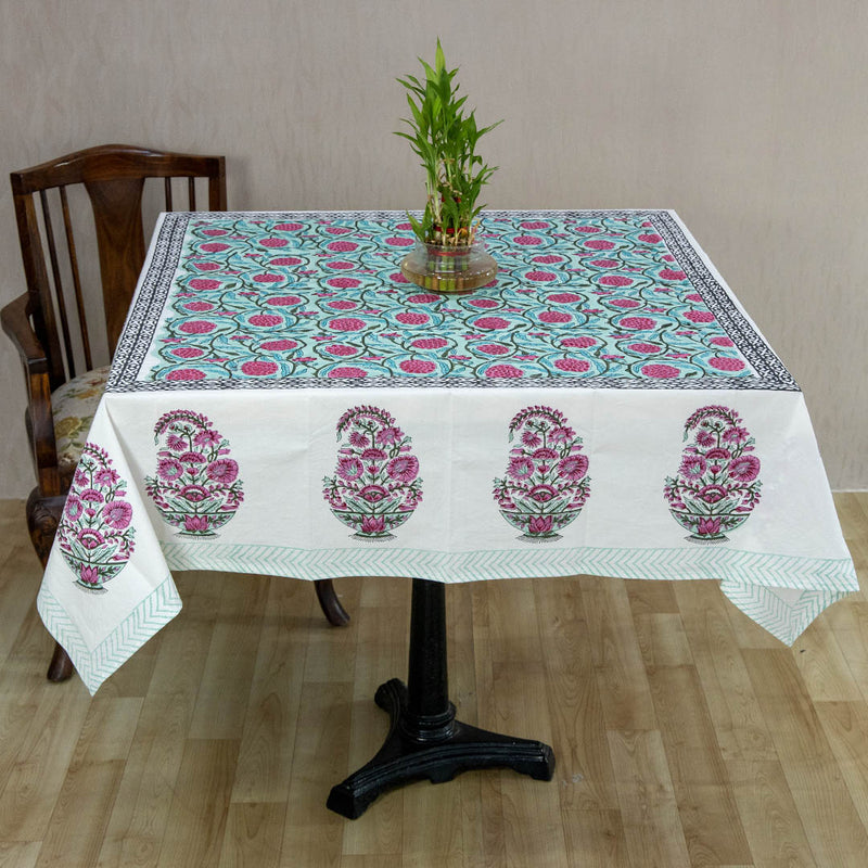 Fine Cotton Table Cover Pink Green Floral Jaal Block Print 1 (6693486395491)