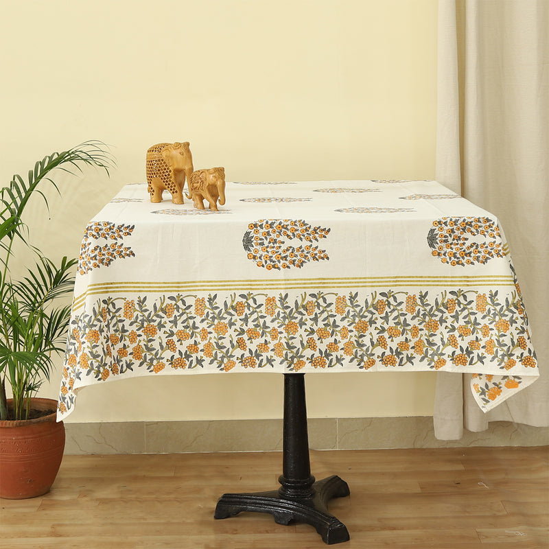 Cotton Table Cover Orange Grey Floral Boota Block Print 3 (6692996710499)