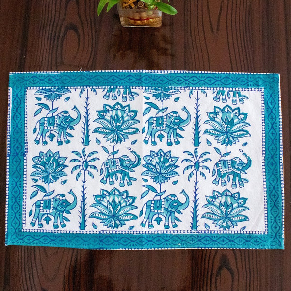 Canvas Table Mat Sea Green Elephant Block Print (6629397626979)