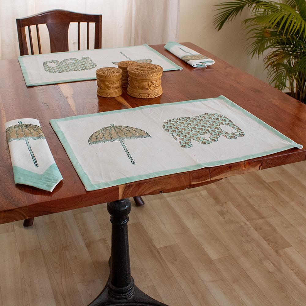 Canvas Table Mat and Napkin Set Teal Green Elephant Block Print (6543380185187)