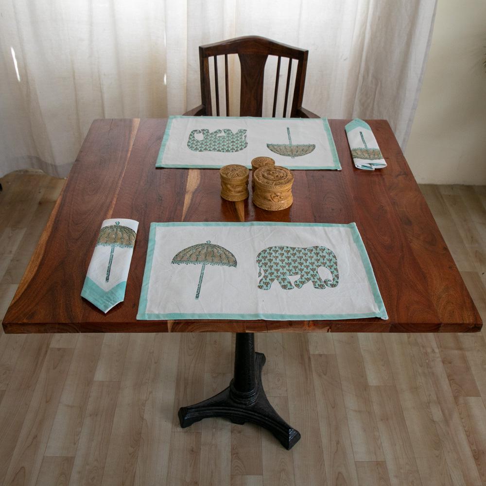 Canvas Table Mat and Napkin Set Teal Green Elephant Block Print 1 (6543380185187)