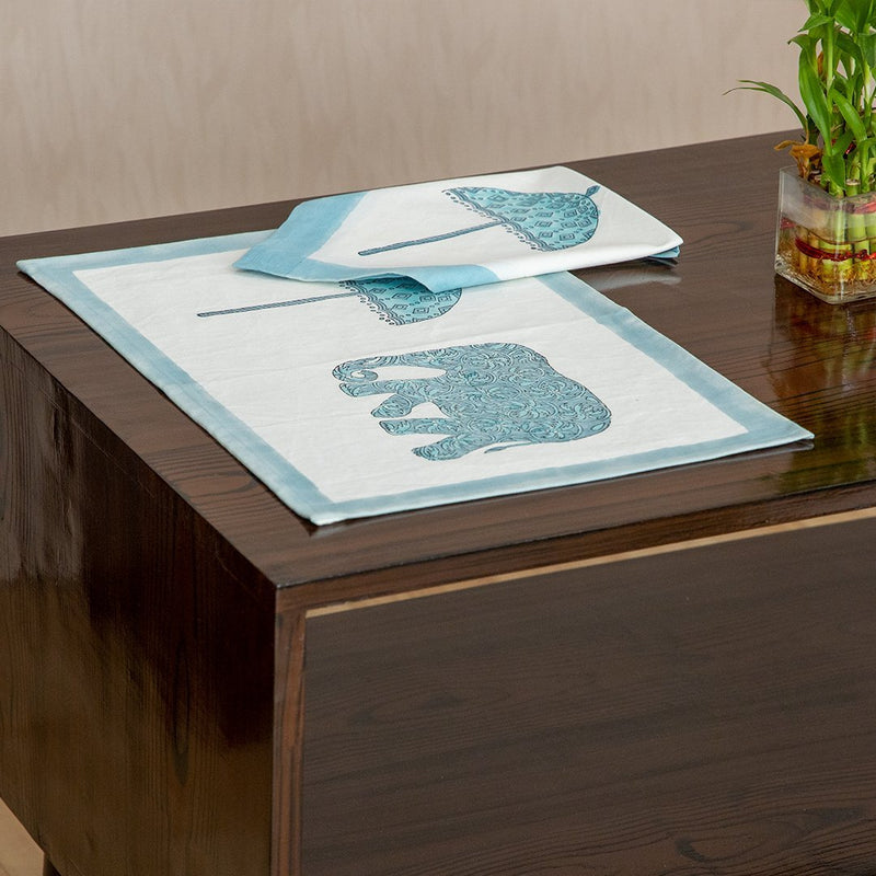 Canvas Table Mat and Napkin set Turquoise Elephant Block Print (6629398675555)