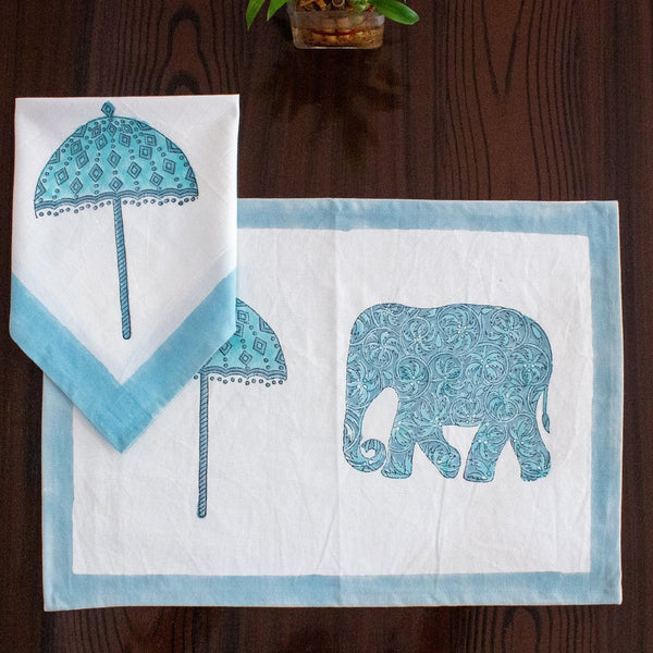 Canvas Table Mat and Napkin set Turquoise Elephant Block Print 1 (6629398675555)