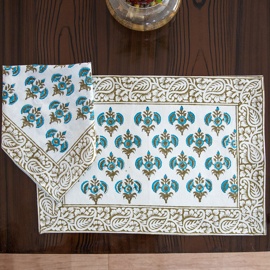 Canvas Table Mat and Napkin Turquoise Booti Block Print (6692713857123)