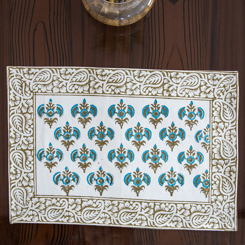 Canvas Table Mat and Napkin Turquoise Booti Block Print (6692713857123)