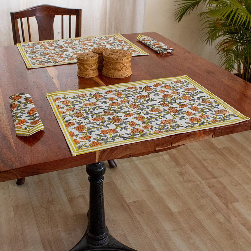 Canvas Table Mat and Napkin Set Orange Grey Floral Jaal Block Print (4786644779107)