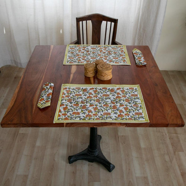 Canvas Table Mat and Napkin Set Orange Grey Floral Jaal Block Print 1 (4786644779107)