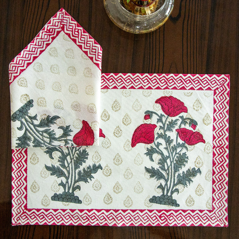 Canvas Table Mat and Napkin Pink Grey Tulip Boota Block Print (6692713889891)