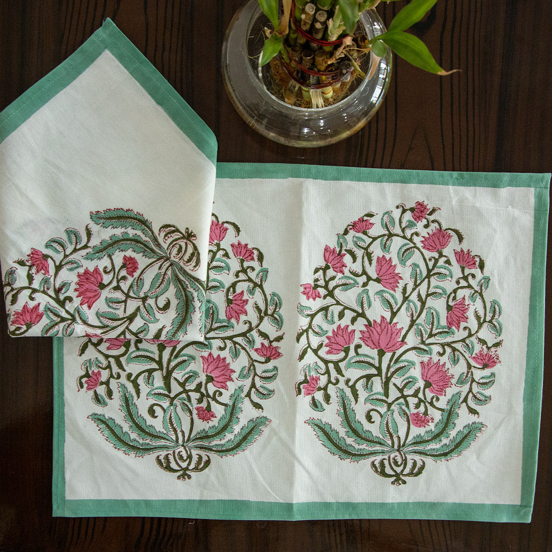 Canvas Table Mat and Napkin Set Pink Green Guldasta Block Print (6744322015331)