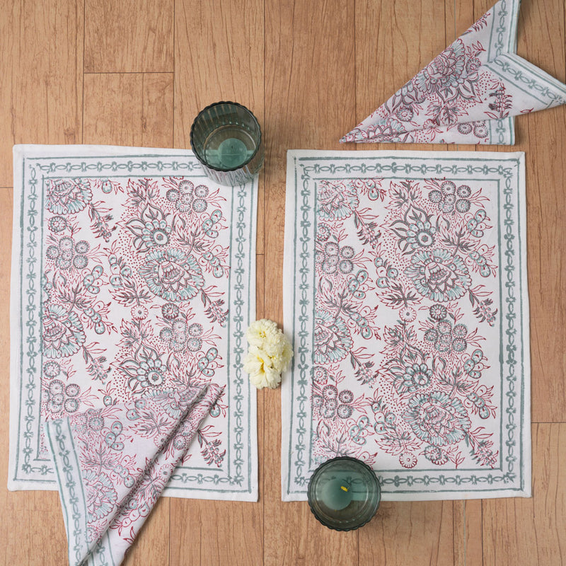 Canvas Table Mat and Napkin Set Green Pink Floral Block Print (6744322048099)