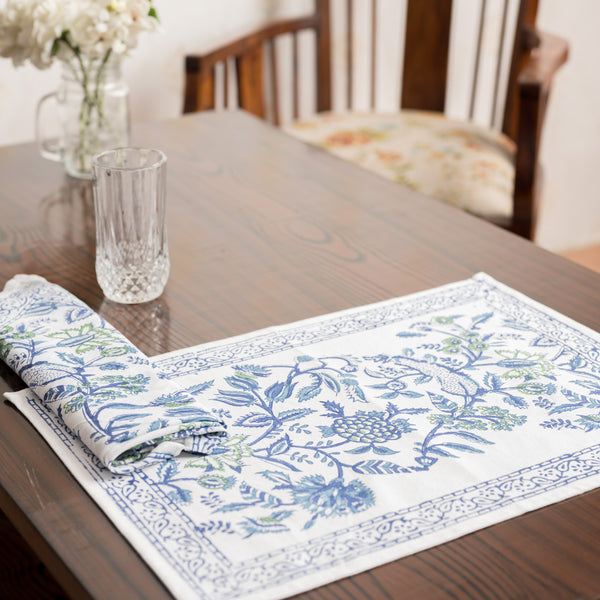 Canvas Table Mat and Napkin Set Blue Green Jaal Block Print (6744322113635)