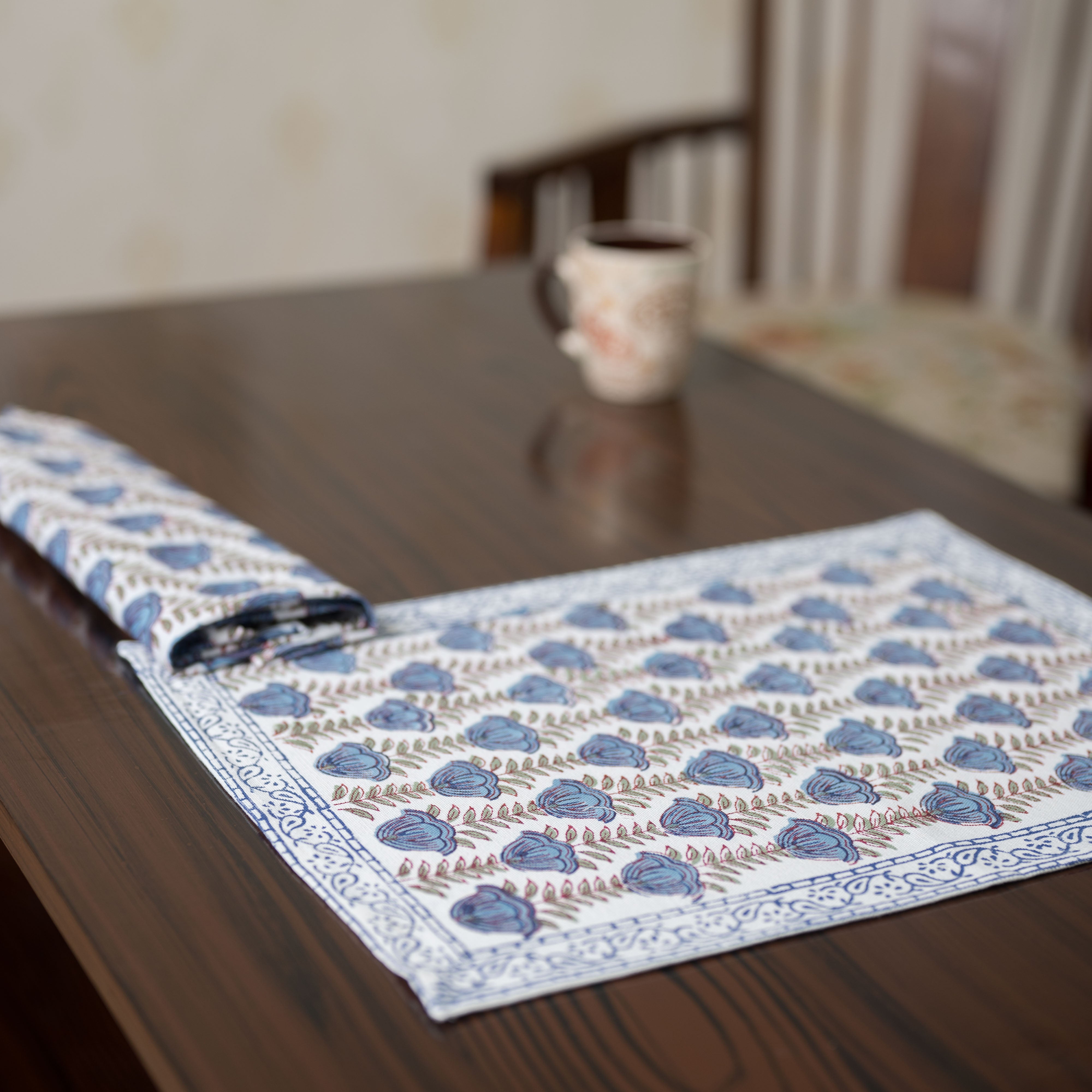 Canvas Table Mat and Napkin Set Blue Grey Bel Block Print (6756773134435)