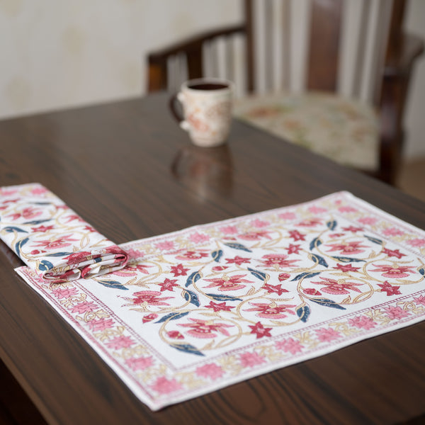 Canvas Table Mat and Napkin Set Yellow Pink Jaal Block Print (6756773199971)