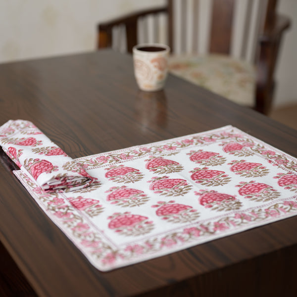 Canvas Table Mat and Napkin Set Red Green Floral Block Print (6756773232739)