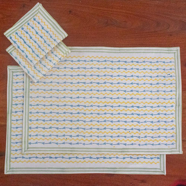 Canvas Table Mat with Napkin Yellow Blue Leheriya Block Print (6571167973475)