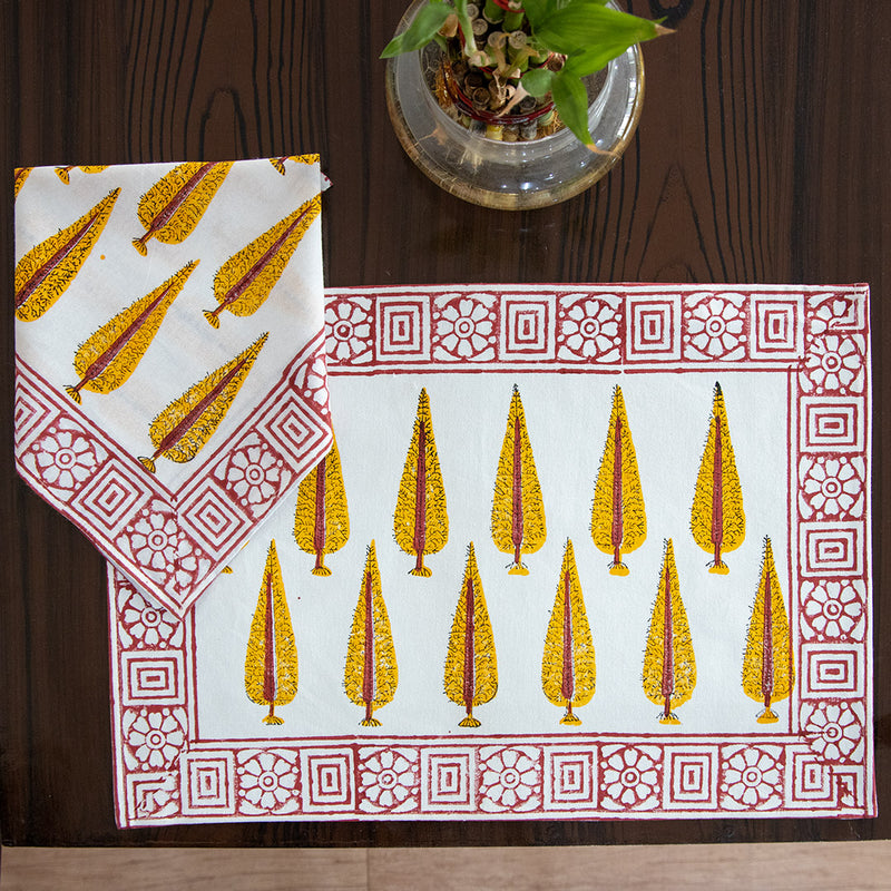 Canvas Table Mat and Napkin Yellow Red Chinar Block Print (6692713955427)