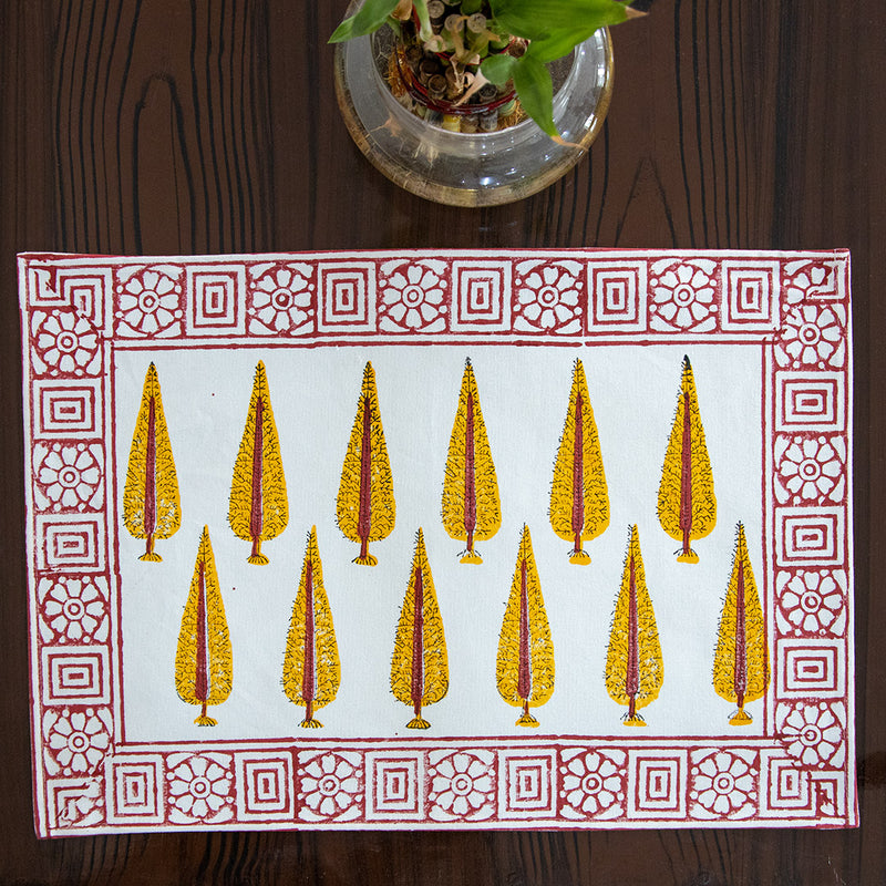 Canvas Table Mat and Napkin Yellow Red Chinar Block Print 1 (6692713955427)